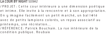 LA COUR BY NIGHT 509M2
/PROJET: Cette cour intérieure a une dimension poétique et intime. Elle invite à la rencontre et à son appropriation. On y imagine facilement un petit marché, un bal l’été avec de petits lampions colorés, un repas associatif au printemps, une récréation... 
/RÉFÉRENCE: Patrick Bouchain. La rue intérieure de la condition publique. Roubaix  