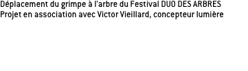 Déplacement du grimpe à l’arbre du Festival DUO DES ARBRES
Projet en association avec Victor Vieillard, concepteur lumière

L’escalier a été replacé chez un particulier dans un verger dans le sud de la France. Il a trouvé sa place contre un poirier penché. L’espace du palier constitue un petit espace ombragé propice à la sieste et à la lecture.